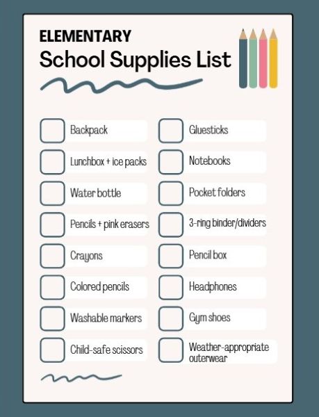 Elementary School Supplies Checklist