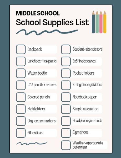 Middle school supplies checklist
